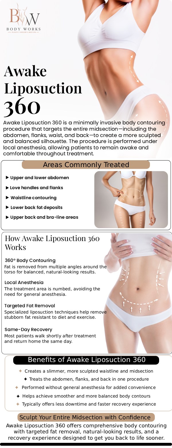 Common questions asked by patients: What is Awake Lipo 360? What are the benefits of staying awake during this procedure? How long does Awake Lipo 360 recovery take? Am I a good candidate for Awake Lipo 360 at Body Works Plastic Surgery? For more information, contact us or request an appointment online. We are conveniently located at 3918 W 63rd St, Chicago, IL 60629.
