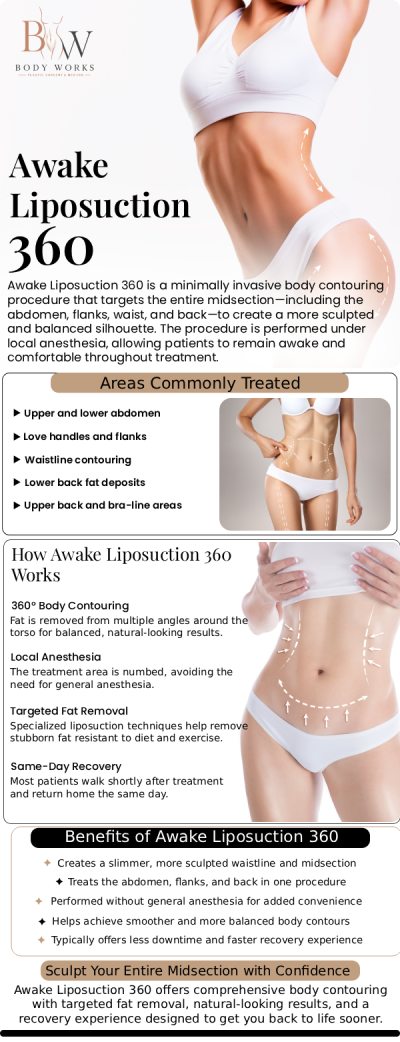 Common questions asked by patients: What is Awake Lipo 360? What are the benefits of staying awake during this procedure? How long does Awake Lipo 360 recovery take? Am I a good candidate for Awake Lipo 360 at Body Works Plastic Surgery? For more information, contact us or request an appointment online. We are conveniently located at 3918 W 63rd St, Chicago, IL 60629.