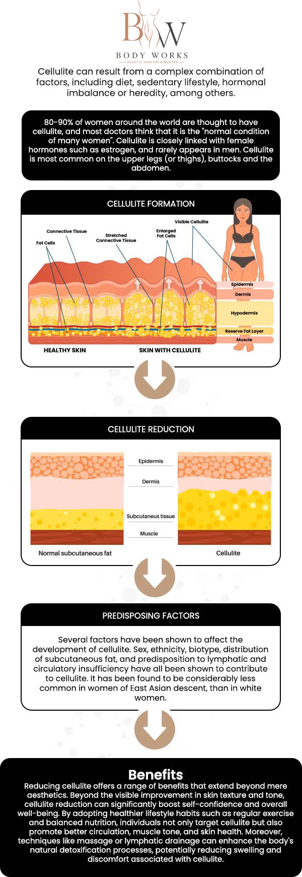 Common questions asked by patients: What is Avéli's cellulite treatment? How does cellulite treatment by Aveli work? How many cellulite by Aveli treatments will I need? Is there any downtime after getting Avéli at Body Works Plastic Surgery? For more information, contact us or request an appointment online. We are conveniently located at 3918 W 63rd St, Chicago, IL 60629.