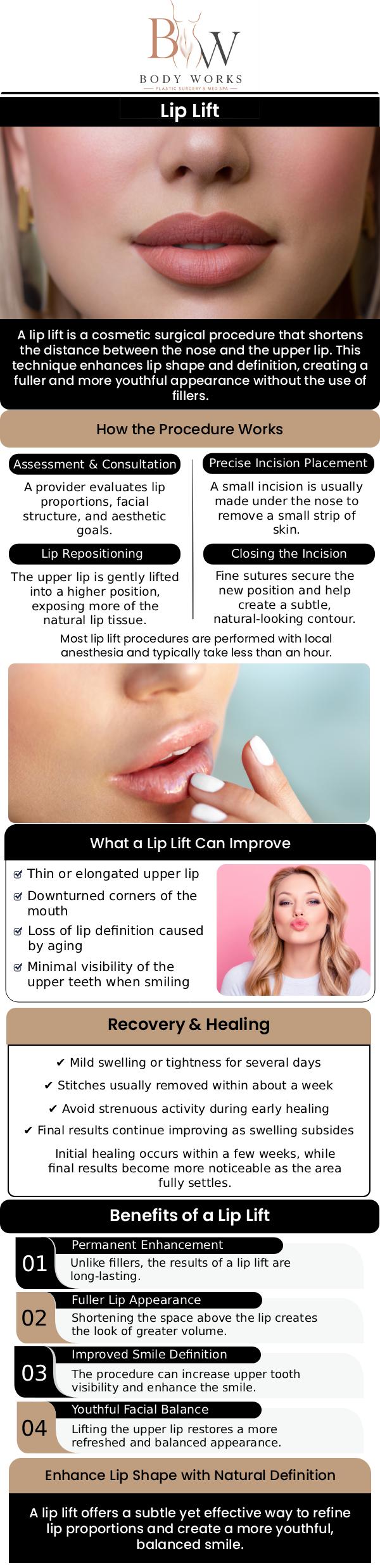 Common questions asked by patients: What is a surgical lip lift? How does a lip lift differ from lip fillers? What is the recovery time after lip lift? Am I a good candidate for a lip lift at Body Works Plastic Surgery? For more information, contact us or request an appointment online. We are conveniently located at 3918 W 63rd St, Chicago, IL 60629.