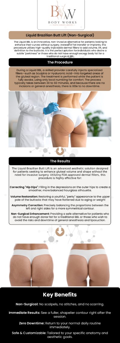 A liquid Brazilian butt lift is a non-surgical body contouring treatment designed to enhance buttock shape and volume using injectable techniques rather than traditional surgical implants. At Body Works Plastic Surgery, our professional team provides personalized liquid Brazilian butt lift treatments by evaluating each client’s body proportions, aesthetic goals, and desired improvements. We focus on creating customized treatment plans that support balanced contours and natural-looking enhancement while helping clients understand their available options. For more information, contact us or request an appointment today. We are conveniently located at 3918 W 63rd St, Chicago, IL 60629.