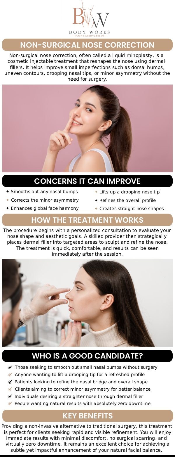 Common questions asked by patients: What is a liquid nose job? What concerns can a liquid nose job fix? How long do the liquid nose job results last? Is there any downtime after getting a liquid nose job at Body Works Plastic Surgery? For more information, contact us or request an appointment online. We are conveniently located at 3918 W 63rd St, Chicago, IL 60629.