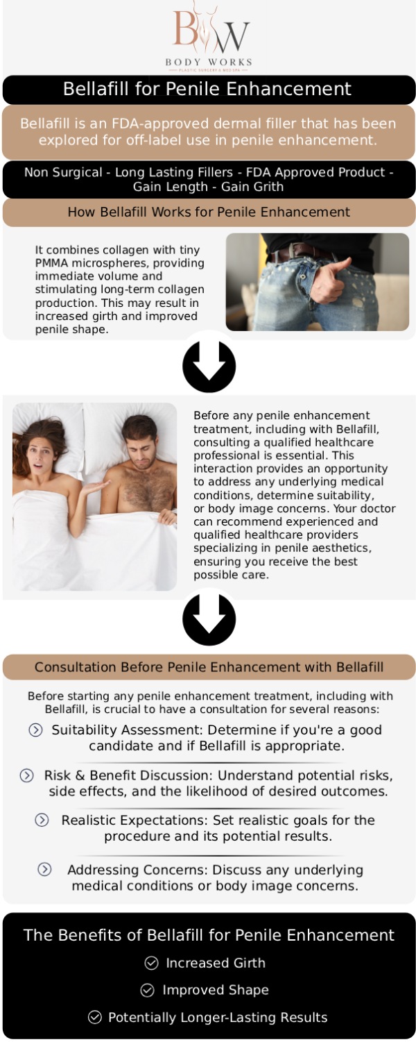 Common questions asked by patients: What is male enlargement with Bellafill? Is the male enlargement with Bellafill painful? How long do the male enlargement with Bellafill results last? What is the recovery time after male enlargement with Bellafill at Body Works Plastic Surgery? For more information, contact us or request an appointment online. We are conveniently located at 3918 W 63rd St, Chicago, IL 60629.