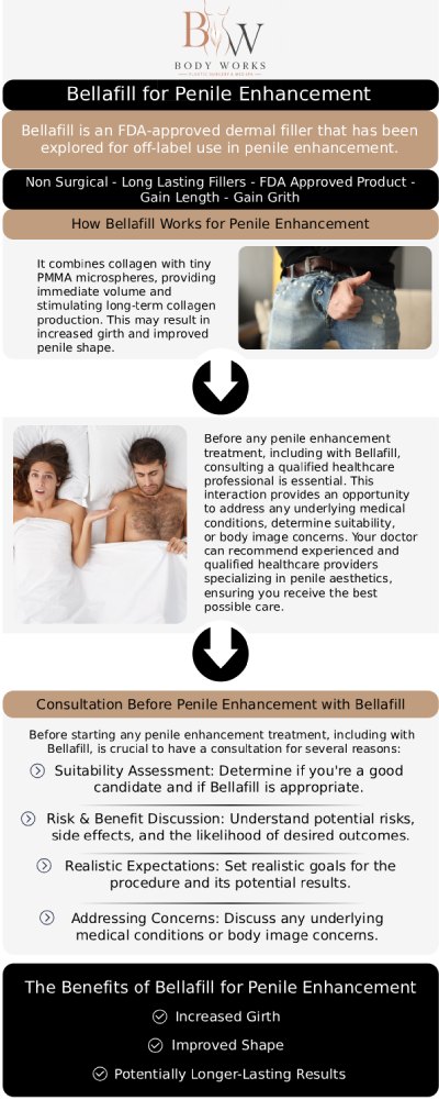 Common questions asked by patients: What is male enlargement with Bellafill? Is the male enlargement with Bellafill painful? How long do the male enlargement with Bellafill results last? What is the recovery time after male enlargement with Bellafill at Body Works Plastic Surgery? For more information, contact us or request an appointment online. We are conveniently located at 3918 W 63rd St, Chicago, IL 60629.
