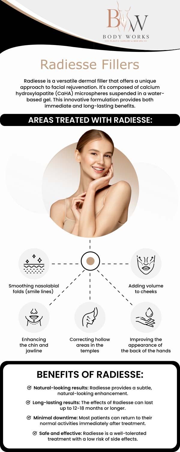 Common questions asked by patients: What is Radiesse filler? Where is Radiesse filler typically used? How long do the Radiesse fillers results last? Is there any downtime after receiving Radiesse injections at Body Works Plastic Surgery? For more information, contact us or request an appointment online. We are conveniently located at 3918 W 63rd St, Chicago, IL 60629.