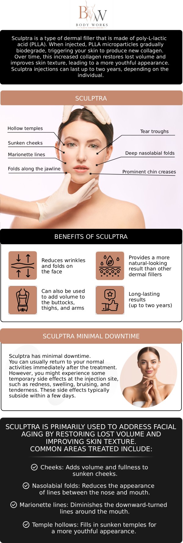 Common questions asked by patients: What is Sculptra? What areas of the face can be treated with Sculptra? How long does Sculptra take to see the final results? How long do the results of Sculptra at Body Works Plastic Surgery typically last? For more information, contact us or request an appointment online. We are conveniently located at 3918 W 63rd St, Chicago, IL 60629.